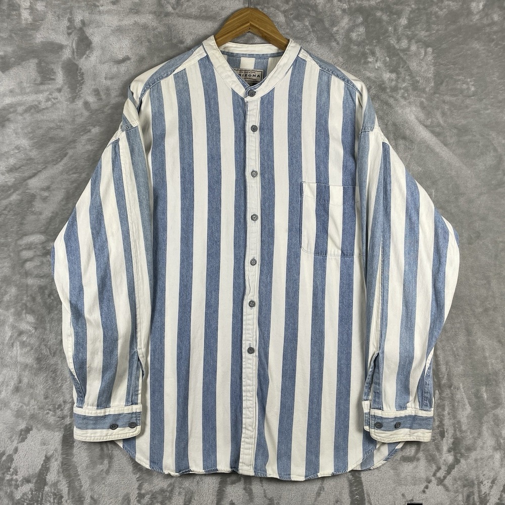 Vintage Grandad Grandfather Collar Striped Denim Shirt Mens XL Frontier Western